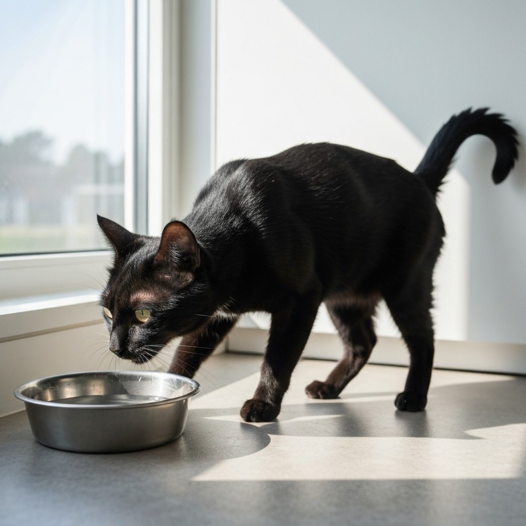 Um gato preto em pé ao lado de uma tigela de metal com água sob o sol.