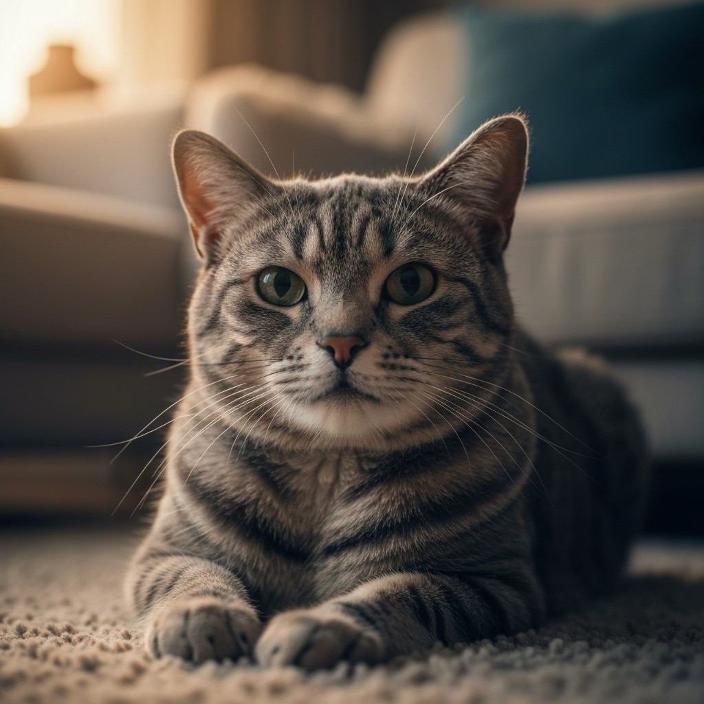 Um gato malhado cinza deitado no tapete olhando para a câmera.