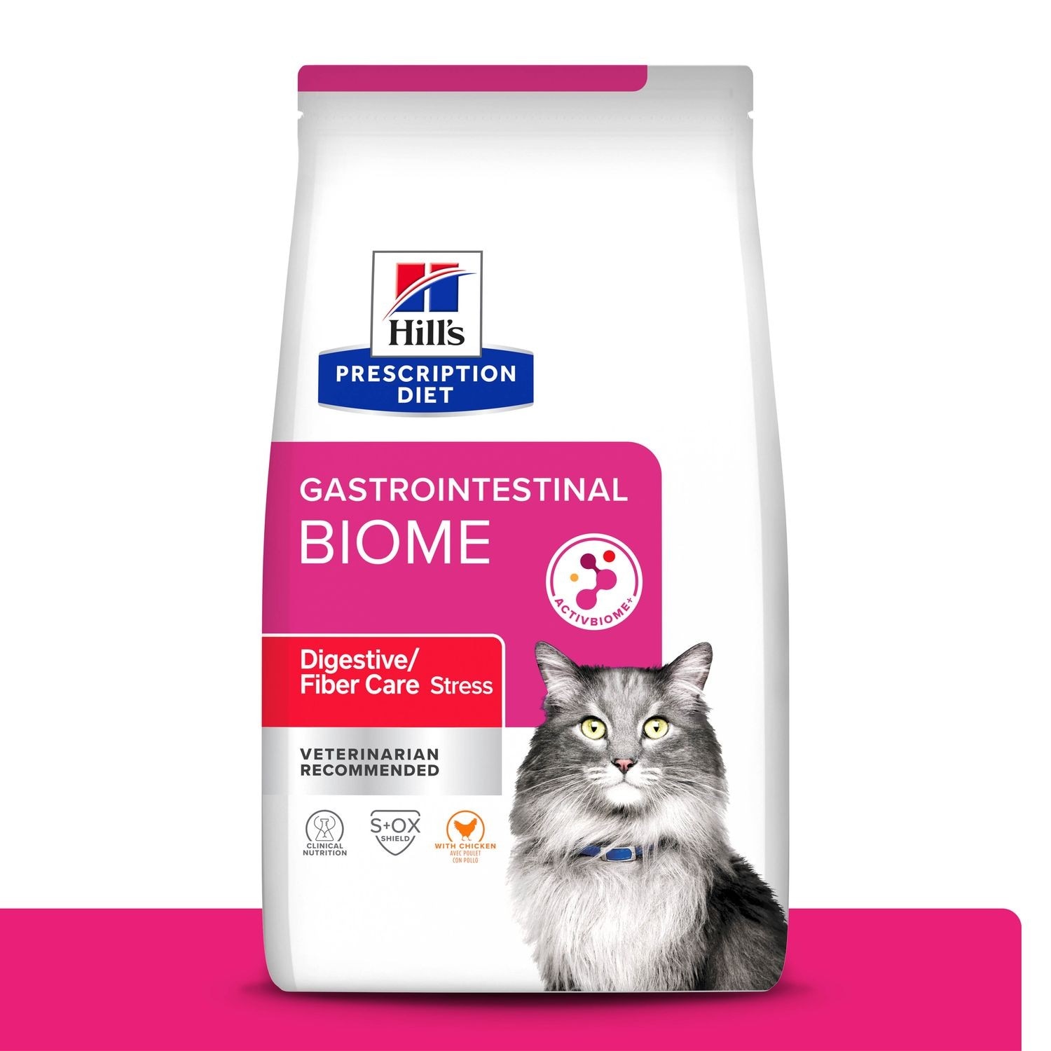 Saco de ração Hill's Gastrointestinal Biome Stress com um gato cinza peludo.