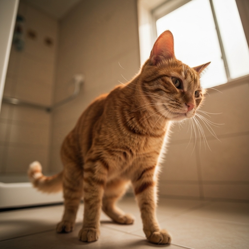 Um gato ruivo agachado no chão de azulejo de um banheiro perto de uma janela.