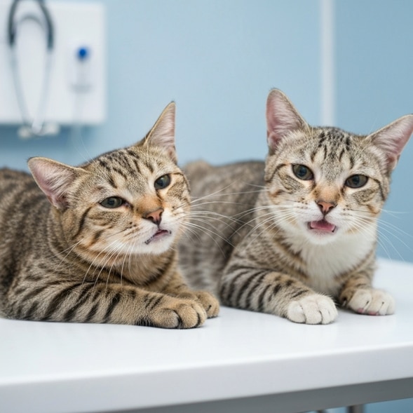 Dois gatos malhados deitados juntos numa mesa de exame branca em uma clínica veterinária.