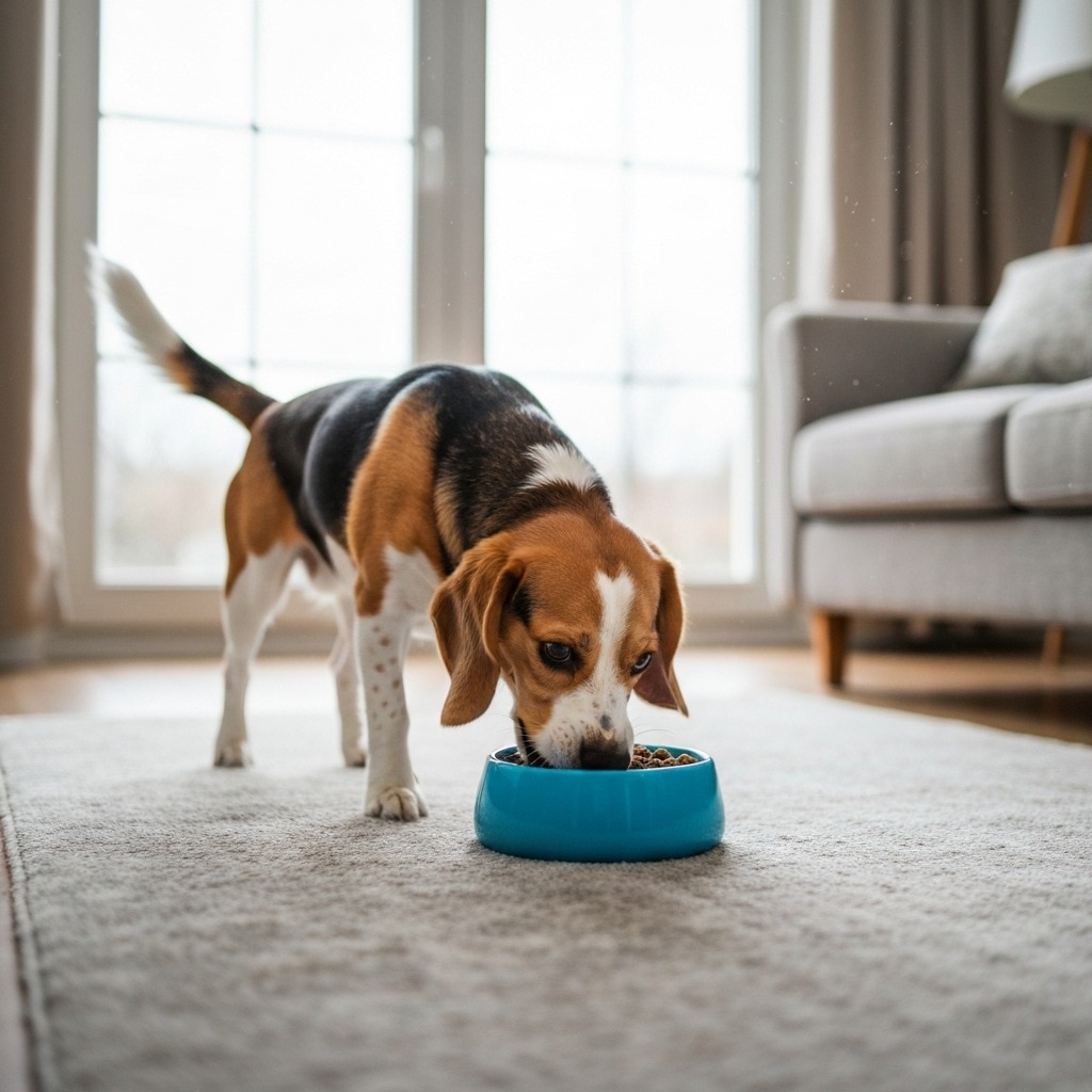 Cachorro da raça Beagle comendo ração em uma tigela azul no tapete de casa
