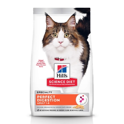 Embalagem da ração Hill's Science Diet Perfect Digestion para gatos adultos, destacando benefícios para o microbioma e digestão.