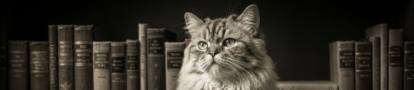 Um gato malhado peludo sentado em frente a uma fileira de livros antigos.