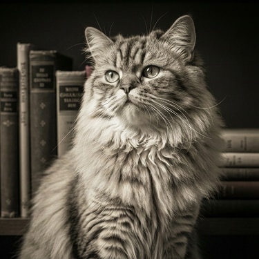 Um gato malhado peludo sentado em frente a uma fileira de livros antigos.
