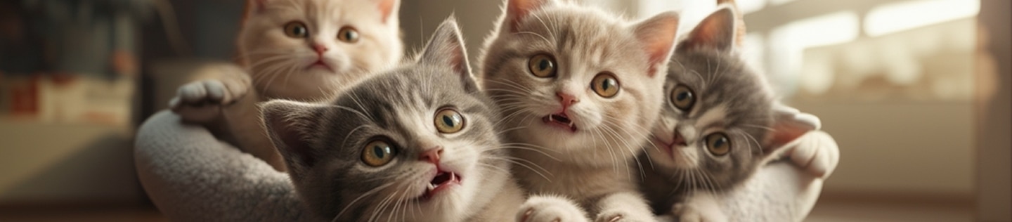 Quatro gatinhos fofos olhando de forma brincalhona de dentro de uma cesta de vime.