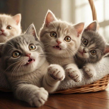Quatro gatinhos fofos olhando de forma brincalhona de dentro de uma cesta de vime.