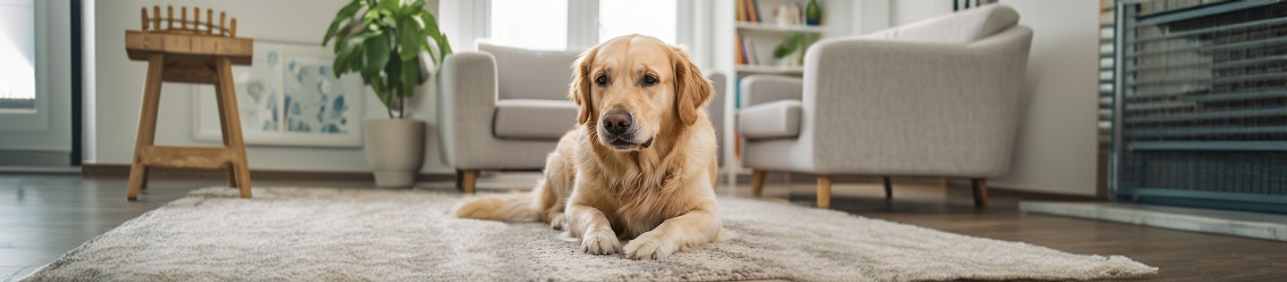 Um Golden Retriever deitado calmamente num tapete cinza em uma sala iluminada.