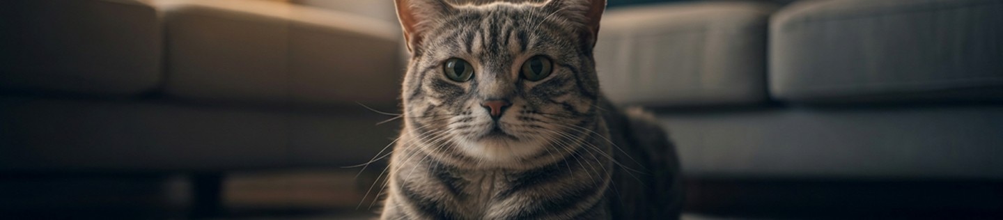 Um gato malhado cinza deitado no tapete olhando para a câmera.
