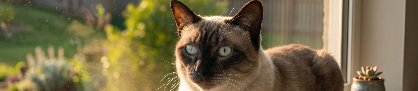 Um gato siamês de olhos azuis descansando no parapeito da janela sob a luz do sol.