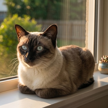Um gato siamês de olhos azuis descansando no parapeito da janela sob a luz do sol.