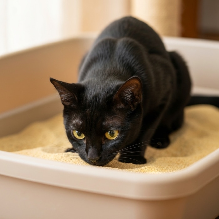 Um gato preto de olhos amarelos sentado em uma caixa de areia.
