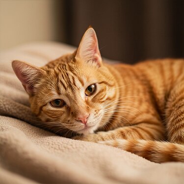 Um gato malhado laranja deitado confortavelmente em um cobertor bege macio