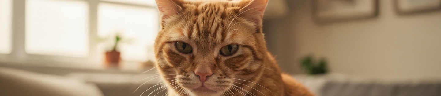 Um gato amarelo dentro de uma casa, olhando fixamente para a frente