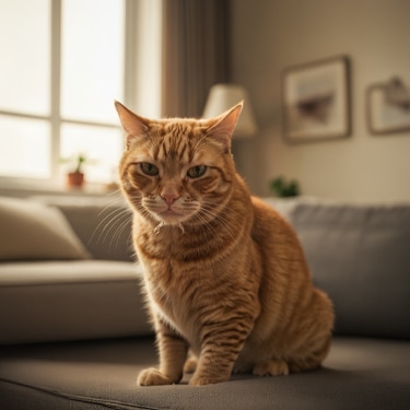 Um gato amarelo dentro de uma casa, olhando fixamente para a frente