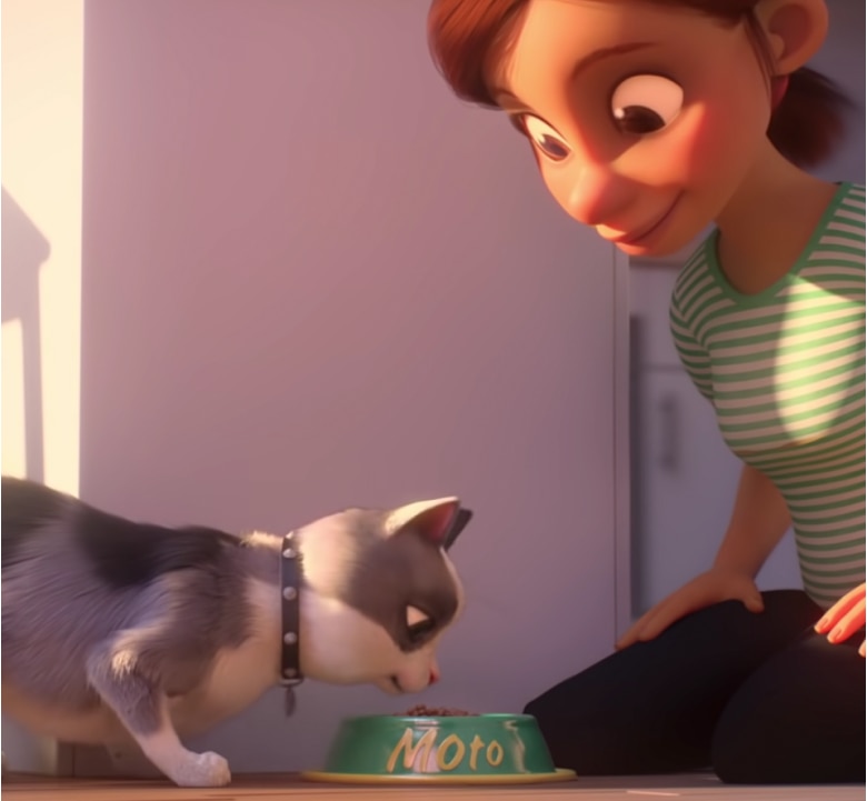 Uma mulher com uma camisa verde listrada alimentando seu gato